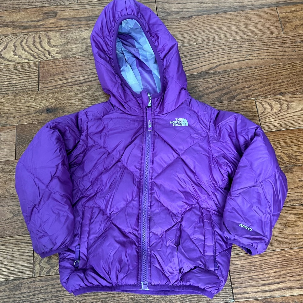 The North Face 550 Down Jacket Reversible Hooded Purple/Plaid  Toddler’s Sz 4